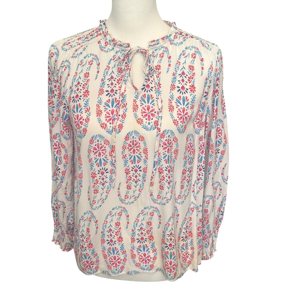 Talbots Petite Top‎ Women's SP White Pink Blue Floral Print Peasant Blouse